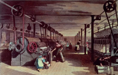 Innenansicht einer Mühle; Kardieren und Ziehen, 19. Jahrhundert
